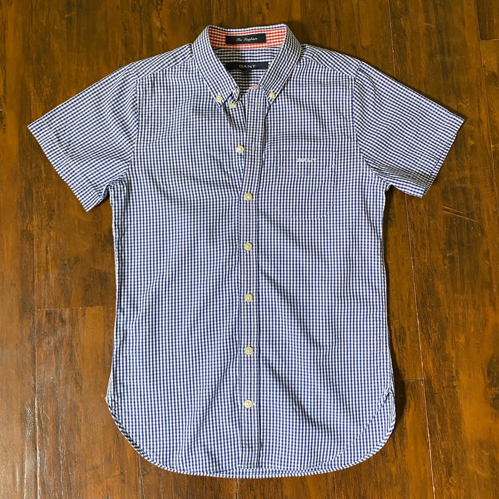 Gant the Gingham Blue White Checkered Boys Button Down Shirt Size Medium 7/8